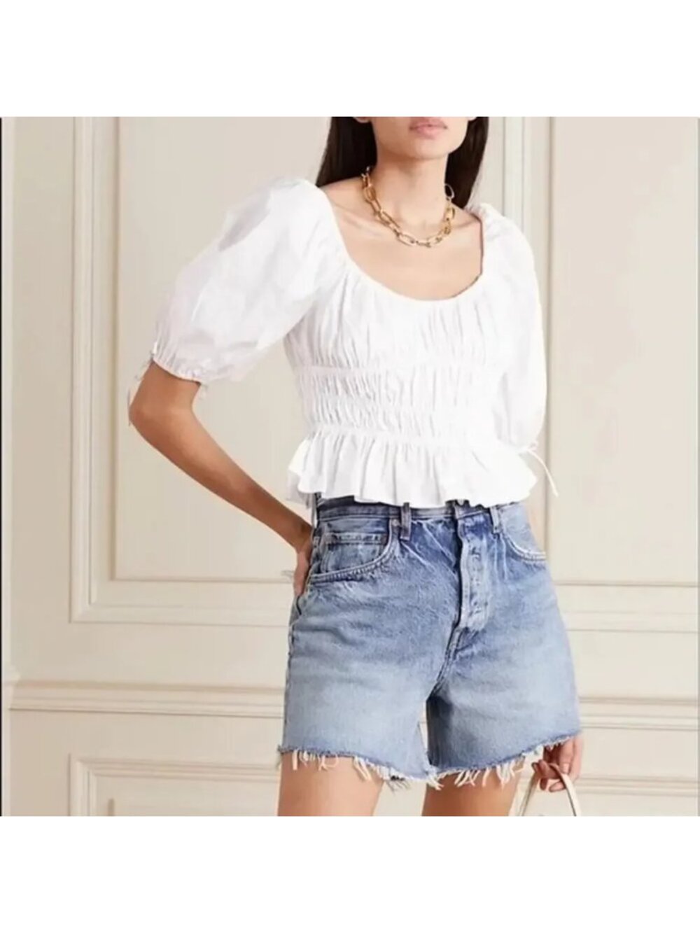STAUD Faye Gathered Puff-sleeve Top In White Size 0